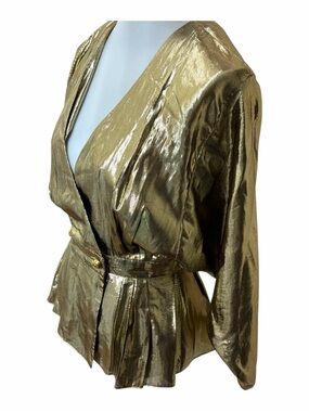Vintage 1980s Tangents Gold Metallic Lamé Peplum Blouse Batwing Sleeve Glam Top